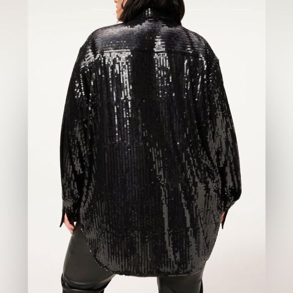 Good American Sequin Button Down Party Shirt - Black - Size 7 / 4x - Picture 4 of 9